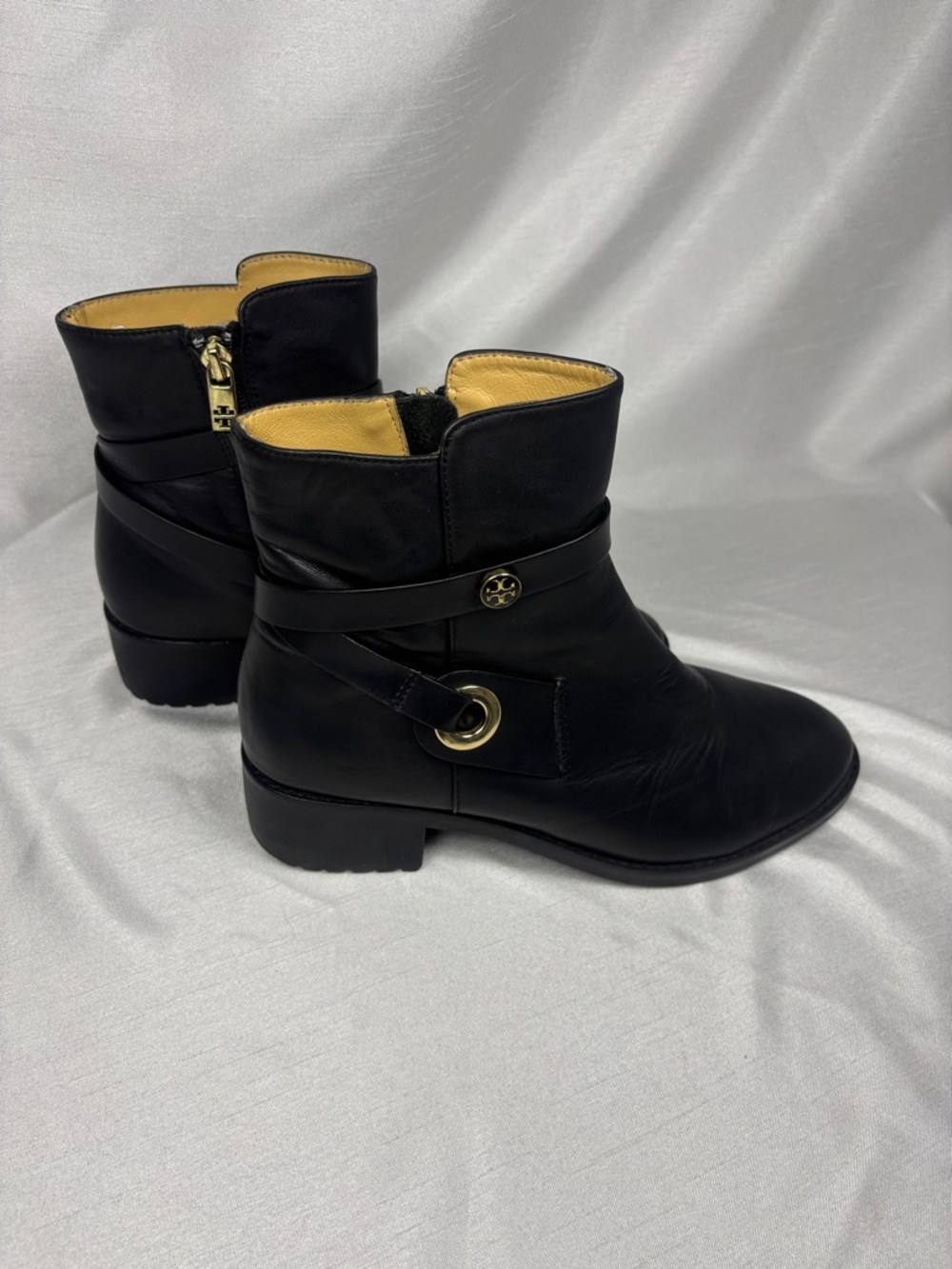 Tory Burch Black Leather Strap Ankle Booties with Gold Hardware